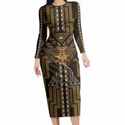 New Zealand Manta Ray Long Sleeve Bodycon Dress Maori Tukutuku Taniko Motifs Gold