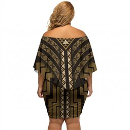 New Zealand Manta Ray Off Shoulder Short Dress Maori Tukutuku Taniko Motifs Gold