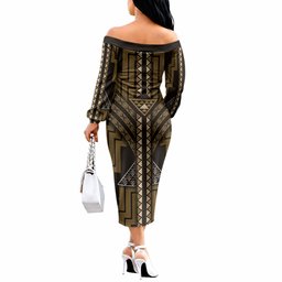 New Zealand Manta Ray Off The Shoulder Long Sleeve Dress Maori Tukutuku Taniko Motifs Gold