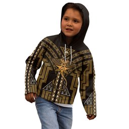 New Zealand Manta Ray Kid Hoodie Maori Tukutuku Taniko Motifs Gold