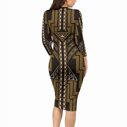 New Zealand Manta Ray Long Sleeve Bodycon Dress Maori Tukutuku Taniko Motifs Gold