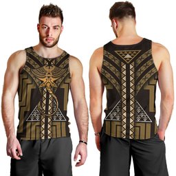 New Zealand Manta Ray Men Tank Top Maori Tukutuku Taniko Motifs Gold