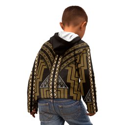 New Zealand Manta Ray Kid Hoodie Maori Tukutuku Taniko Motifs Gold