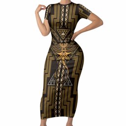 New Zealand Manta Ray Short Sleeve Bodycon Dress Maori Tukutuku Taniko Motifs Gold