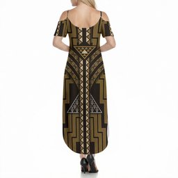New Zealand Manta Ray Summer Maxi Dress Maori Tukutuku Taniko Motifs Gold