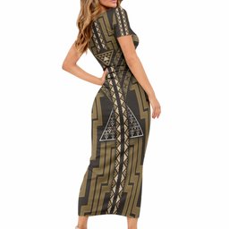 New Zealand Manta Ray Short Sleeve Bodycon Dress Maori Tukutuku Taniko Motifs Gold