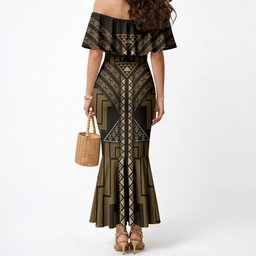 New Zealand Manta Ray Mermaid Dress Maori Tukutuku Taniko Motifs Gold