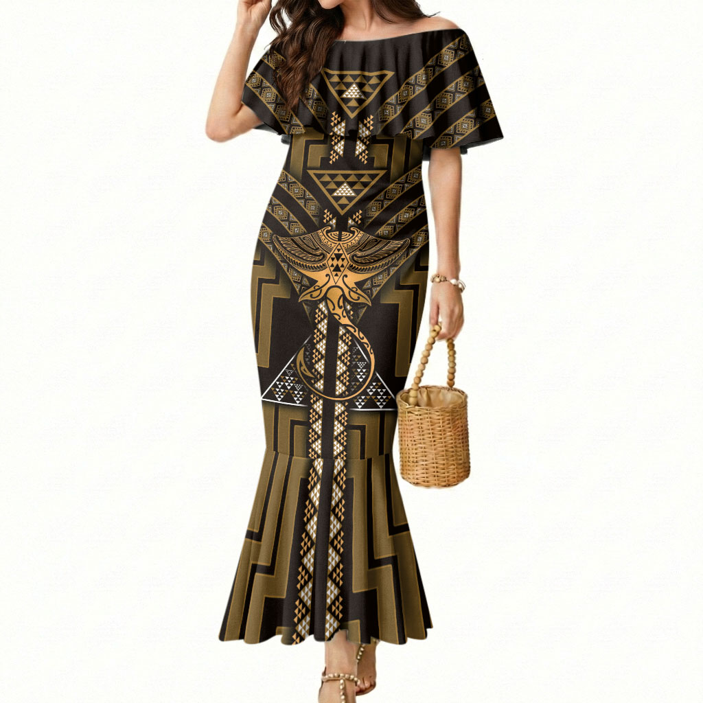 New Zealand Manta Ray Mermaid Dress Maori Tukutuku Taniko Motifs Gold