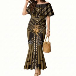 New Zealand Manta Ray Mermaid Dress Maori Tukutuku Taniko Motifs Gold