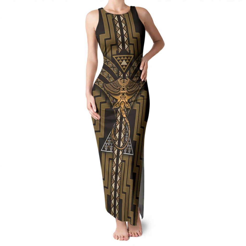 New Zealand Manta Ray Tank Maxi Dress Maori Tukutuku Taniko Motifs Gold