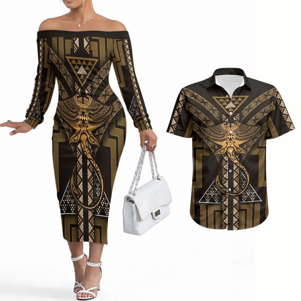 New Zealand Manta Ray Couples Matching Off The Shoulder Long Sleeve Dress and Hawaiian Shirt Maori Tukutuku Taniko Motifs Gold
