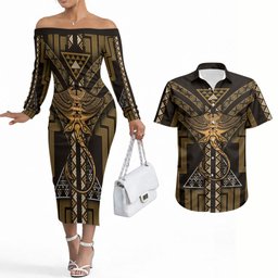 New Zealand Manta Ray Couples Matching Off The Shoulder Long Sleeve Dress and Hawaiian Shirt Maori Tukutuku Taniko Motifs Gold