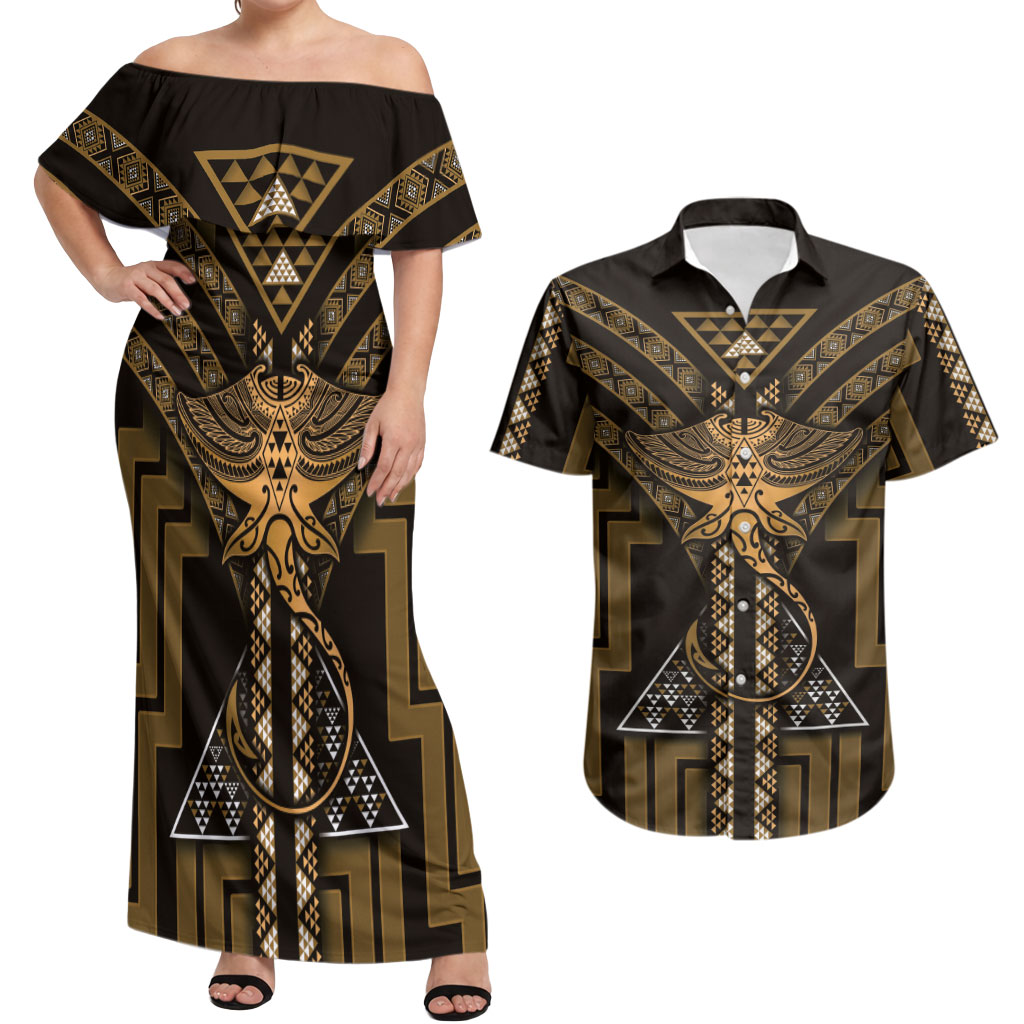 New Zealand Manta Ray Couples Matching Off Shoulder Maxi Dress and Hawaiian Shirt Maori Tukutuku Taniko Motifs Gold
