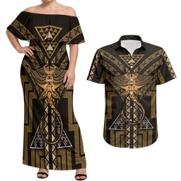 New Zealand Manta Ray Couples Matching Off Shoulder Maxi Dress and Hawaiian Shirt Maori Tukutuku Taniko Motifs Gold