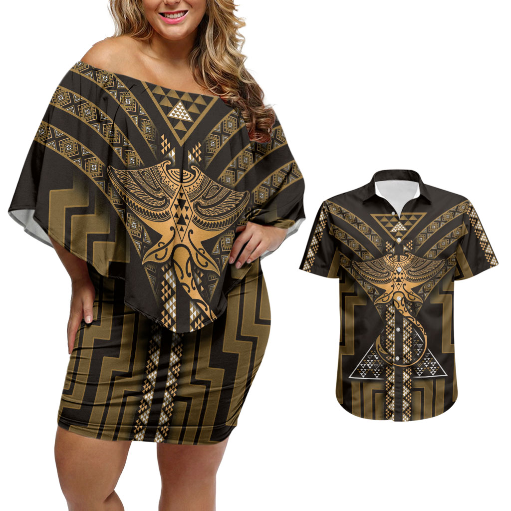 New Zealand Manta Ray Couples Matching Off Shoulder Short Dress and Hawaiian Shirt Maori Tukutuku Taniko Motifs Gold