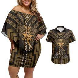 New Zealand Manta Ray Couples Matching Off Shoulder Short Dress and Hawaiian Shirt Maori Tukutuku Taniko Motifs Gold