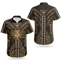 New Zealand Manta Ray Couples Matching Off The Shoulder Long Sleeve Dress and Hawaiian Shirt Maori Tukutuku Taniko Motifs Gold