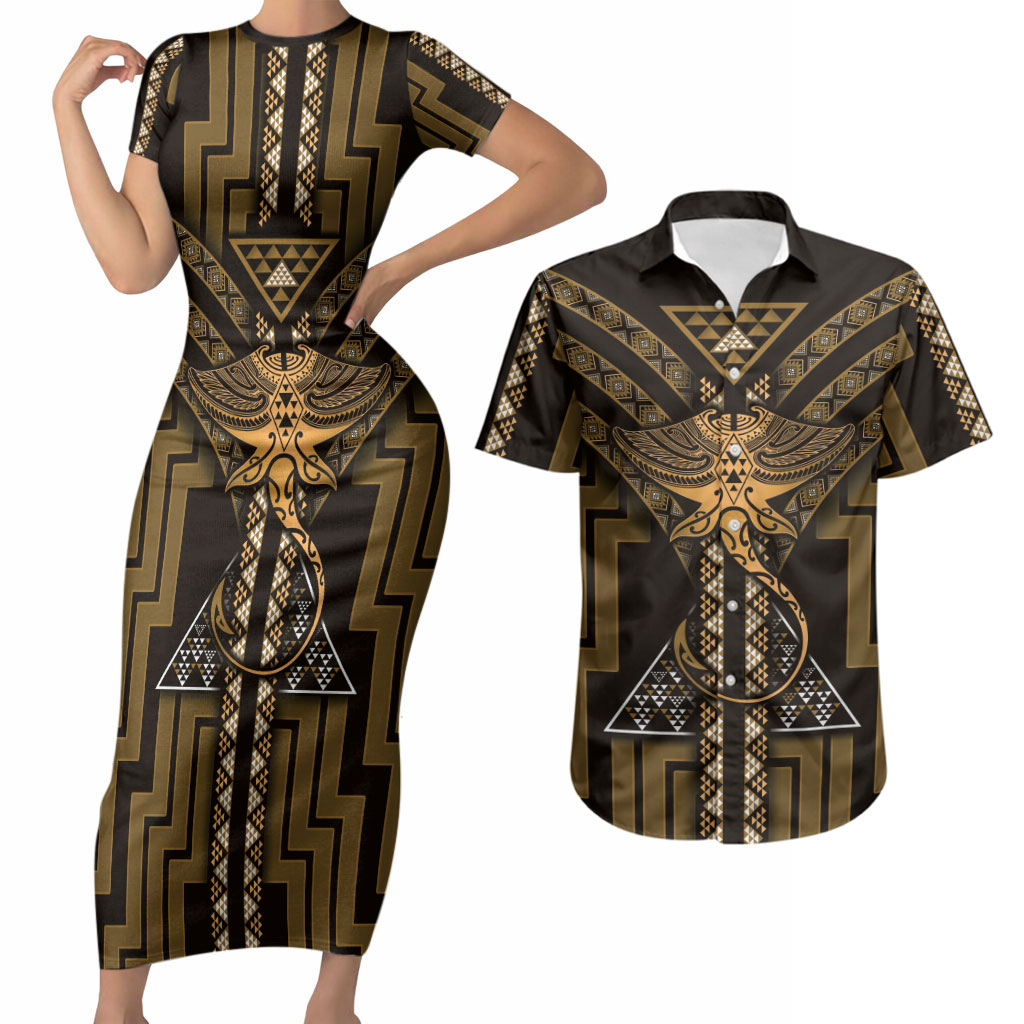 New Zealand Manta Ray Couples Matching Short Sleeve Bodycon Dress and Hawaiian Shirt Maori Tukutuku Taniko Motifs Gold