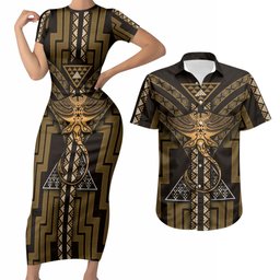 New Zealand Manta Ray Couples Matching Short Sleeve Bodycon Dress and Hawaiian Shirt Maori Tukutuku Taniko Motifs Gold