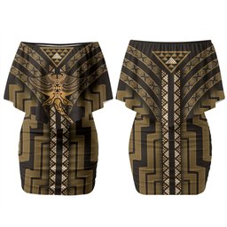 New Zealand Manta Ray Couples Matching Off Shoulder Short Dress and Hawaiian Shirt Maori Tukutuku Taniko Motifs Gold