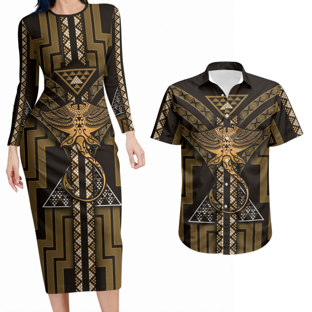 New Zealand Manta Ray Couples Matching Long Sleeve Bodycon Dress and Hawaiian Shirt Maori Tukutuku Taniko Motifs Gold