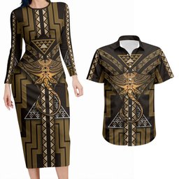 New Zealand Manta Ray Couples Matching Long Sleeve Bodycon Dress and Hawaiian Shirt Maori Tukutuku Taniko Motifs Gold