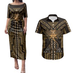 New Zealand Manta Ray Couples Matching Puletasi and Hawaiian Shirt Maori Tukutuku Taniko Motifs Gold