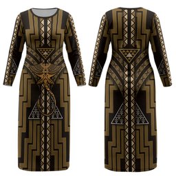 New Zealand Manta Ray Couples Matching Long Sleeve Bodycon Dress and Hawaiian Shirt Maori Tukutuku Taniko Motifs Gold