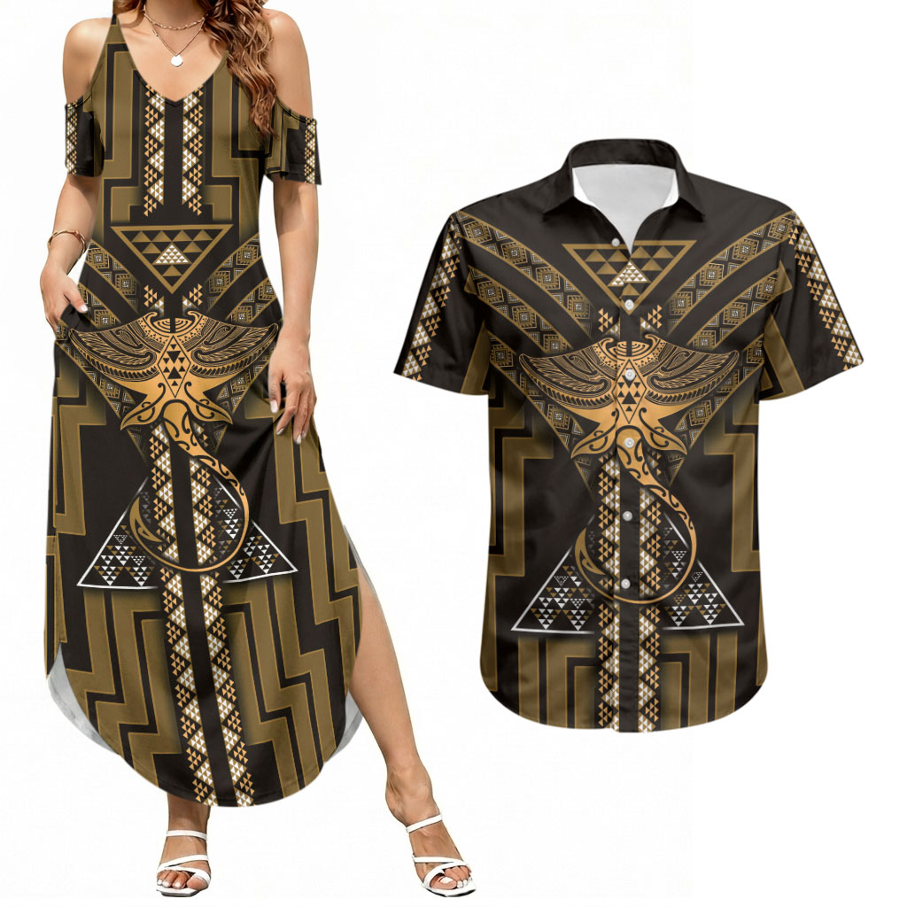New Zealand Manta Ray Couples Matching Summer Maxi Dress and Hawaiian Shirt Maori Tukutuku Taniko Motifs Gold