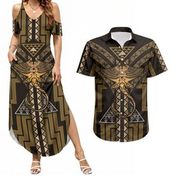 New Zealand Manta Ray Couples Matching Summer Maxi Dress and Hawaiian Shirt Maori Tukutuku Taniko Motifs Gold