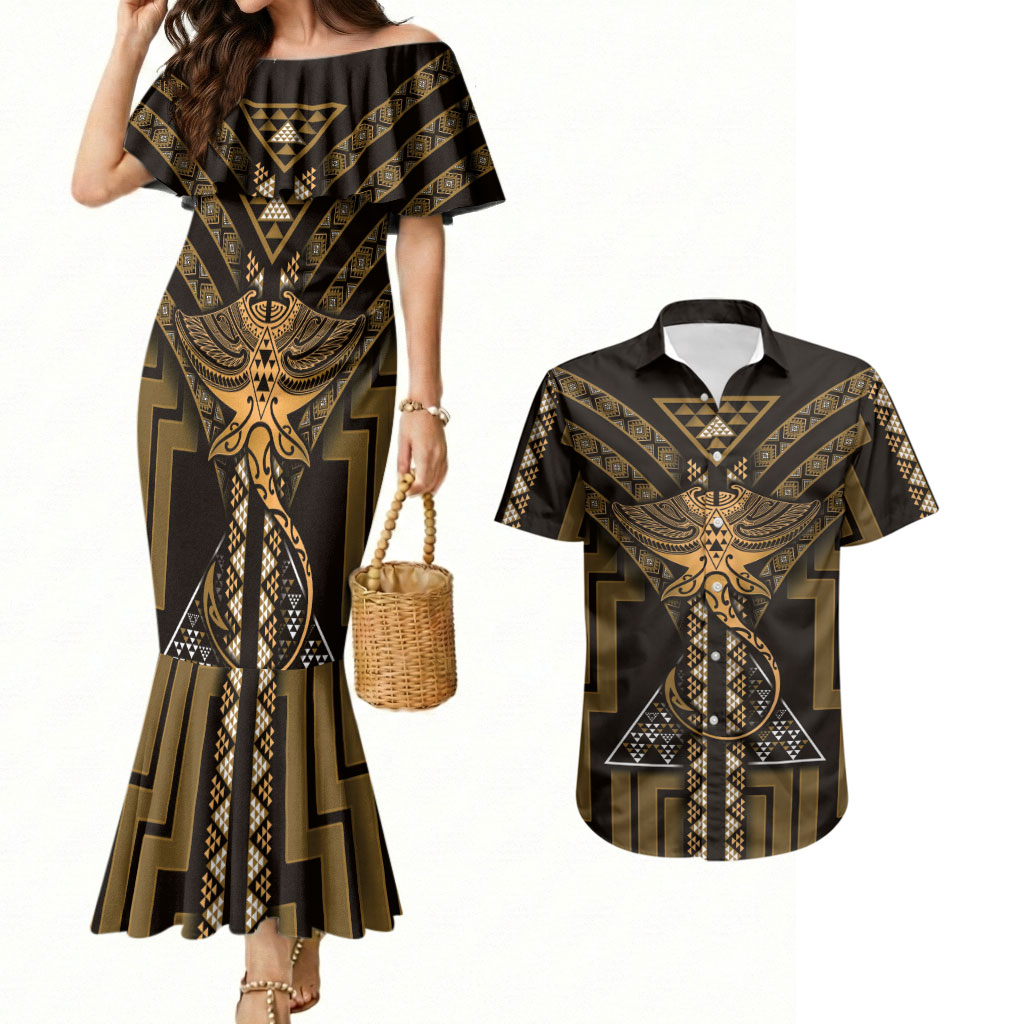 New Zealand Manta Ray Couples Matching Mermaid Dress and Hawaiian Shirt Maori Tukutuku Taniko Motifs Gold