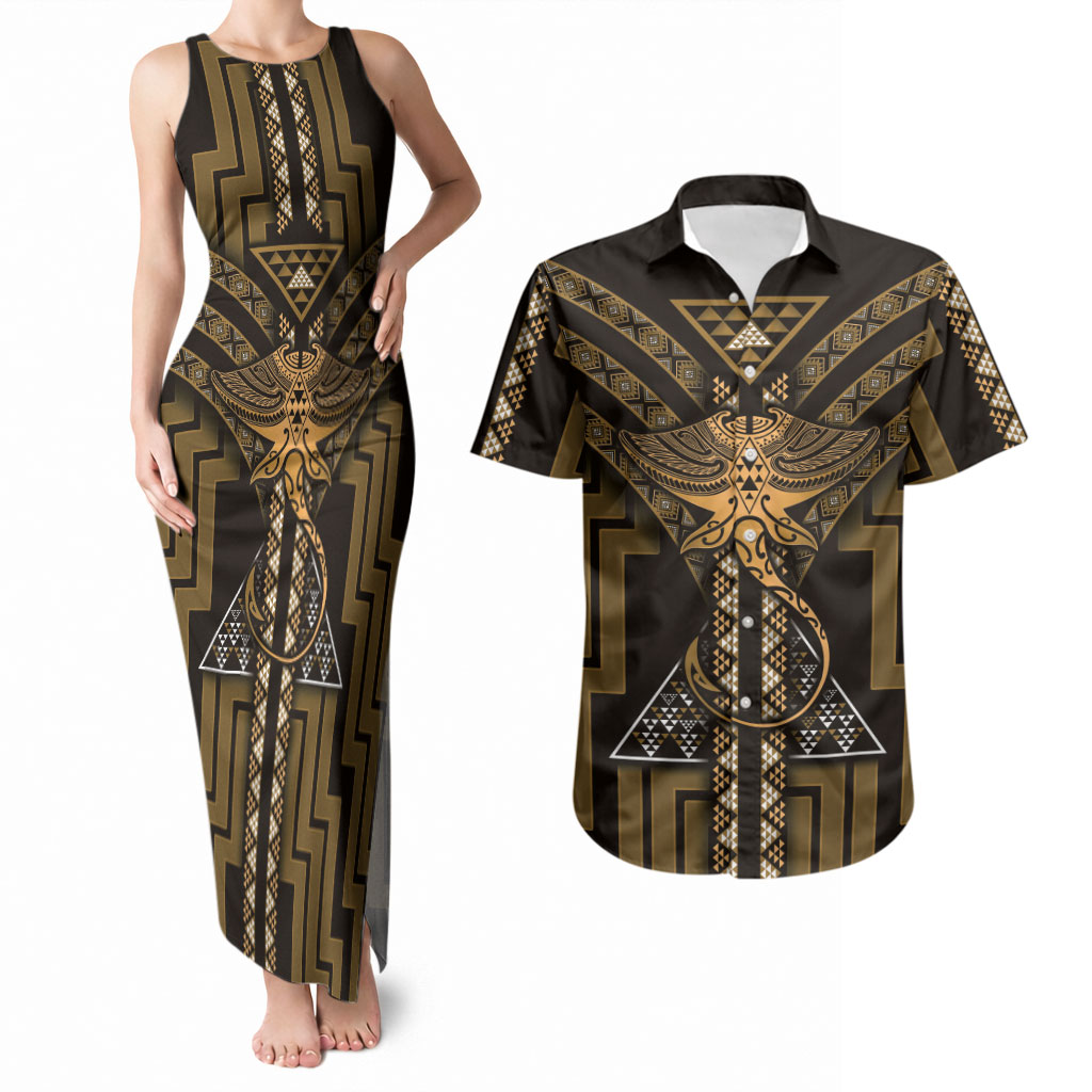 New Zealand Manta Ray Couples Matching Tank Maxi Dress and Hawaiian Shirt Maori Tukutuku Taniko Motifs Gold