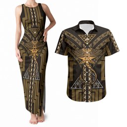 New Zealand Manta Ray Couples Matching Tank Maxi Dress and Hawaiian Shirt Maori Tukutuku Taniko Motifs Gold