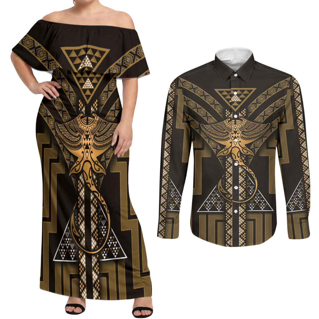 New Zealand Manta Ray Couples Matching Off Shoulder Maxi Dress and Long Sleeve Button Shirt Maori Tukutuku Taniko Motifs Gold