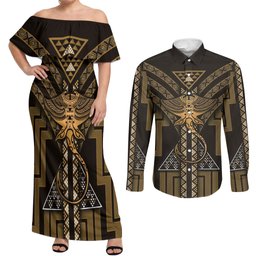 New Zealand Manta Ray Couples Matching Off Shoulder Maxi Dress and Long Sleeve Button Shirt Maori Tukutuku Taniko Motifs Gold