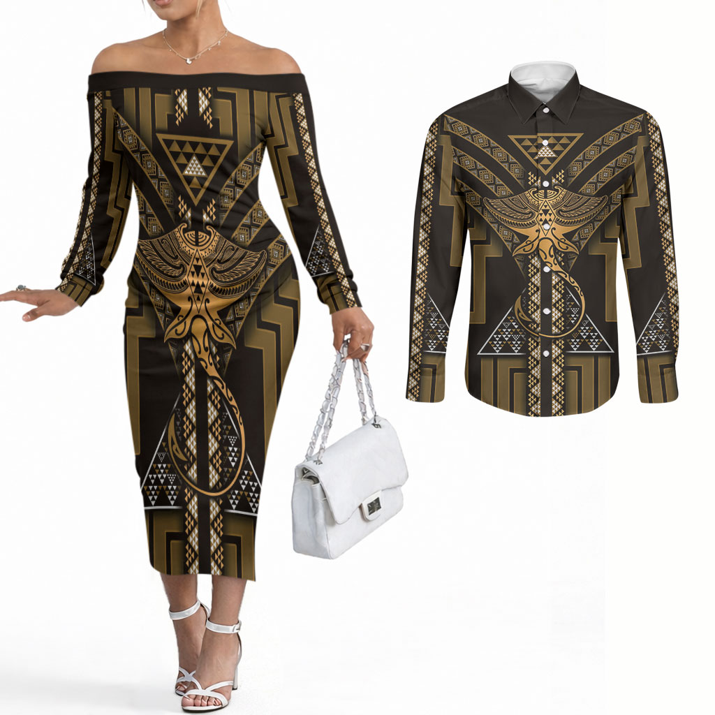 New Zealand Manta Ray Couples Matching Off The Shoulder Long Sleeve Dress and Long Sleeve Button Shirt Maori Tukutuku Taniko Motifs Gold