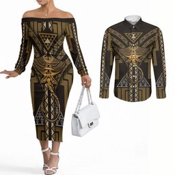 New Zealand Manta Ray Couples Matching Off The Shoulder Long Sleeve Dress and Long Sleeve Button Shirt Maori Tukutuku Taniko Motifs Gold