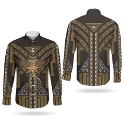 New Zealand Manta Ray Couples Matching Off Shoulder Maxi Dress and Long Sleeve Button Shirt Maori Tukutuku Taniko Motifs Gold