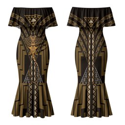 New Zealand Manta Ray Couples Matching Mermaid Dress and Hawaiian Shirt Maori Tukutuku Taniko Motifs Gold