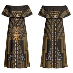 New Zealand Manta Ray Couples Matching Off Shoulder Maxi Dress and Long Sleeve Button Shirt Maori Tukutuku Taniko Motifs Gold