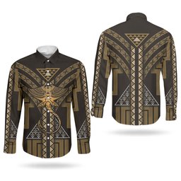 New Zealand Manta Ray Couples Matching Off The Shoulder Long Sleeve Dress and Long Sleeve Button Shirt Maori Tukutuku Taniko Motifs Gold