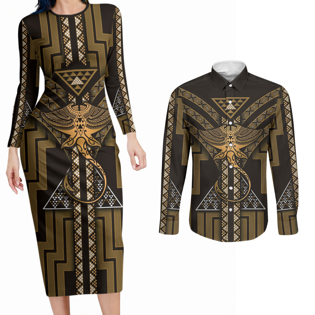 New Zealand Manta Ray Couples Matching Long Sleeve Bodycon Dress and Long Sleeve Button Shirt Maori Tukutuku Taniko Motifs Gold