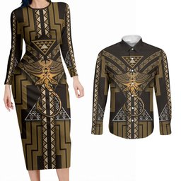 New Zealand Manta Ray Couples Matching Long Sleeve Bodycon Dress and Long Sleeve Button Shirt Maori Tukutuku Taniko Motifs Gold