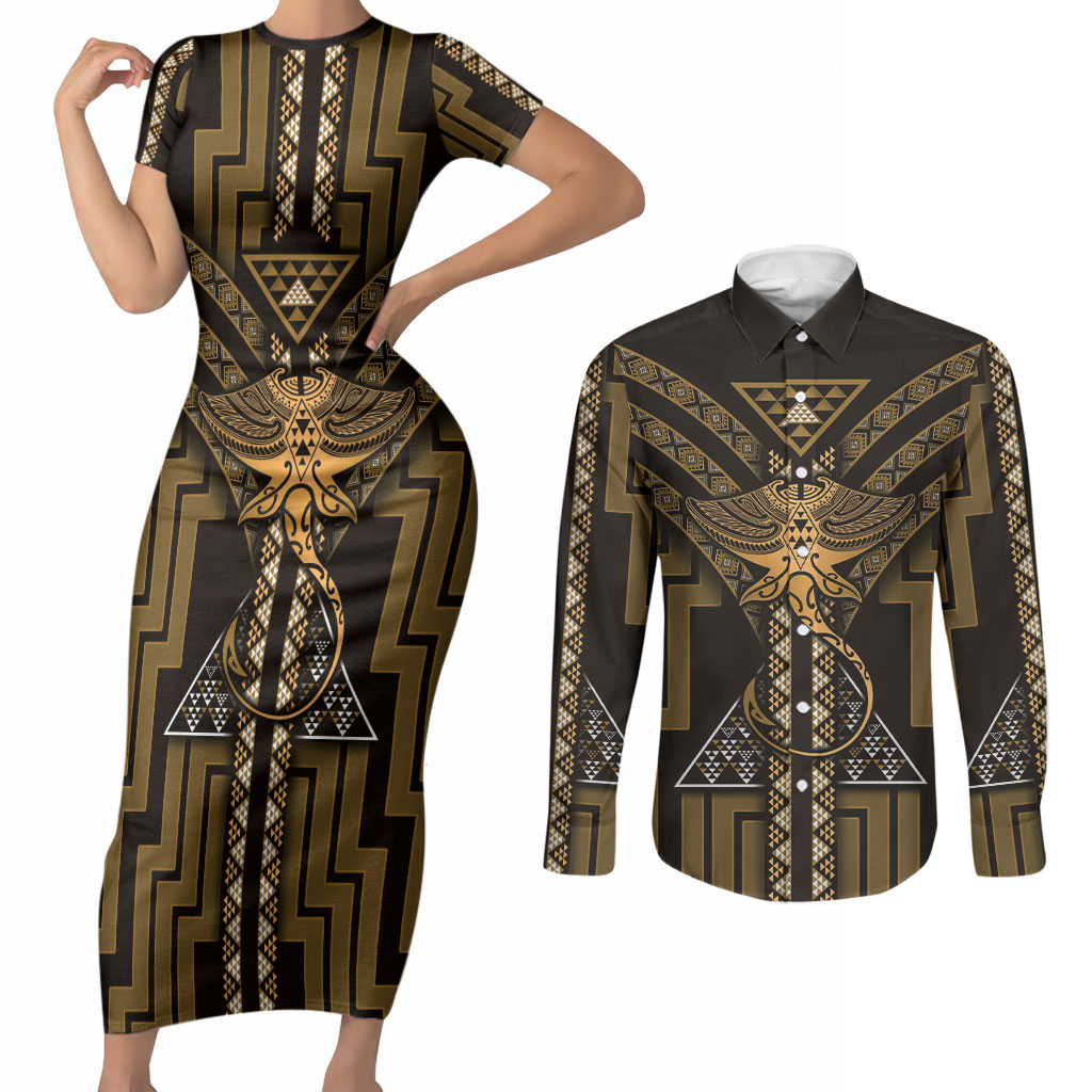 New Zealand Manta Ray Couples Matching Short Sleeve Bodycon Dress and Long Sleeve Button Shirt Maori Tukutuku Taniko Motifs Gold