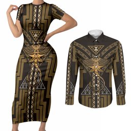 New Zealand Manta Ray Couples Matching Short Sleeve Bodycon Dress and Long Sleeve Button Shirt Maori Tukutuku Taniko Motifs Gold