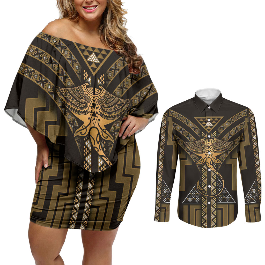 New Zealand Manta Ray Couples Matching Off Shoulder Short Dress and Long Sleeve Button Shirt Maori Tukutuku Taniko Motifs Gold