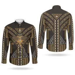New Zealand Manta Ray Couples Matching Long Sleeve Bodycon Dress and Long Sleeve Button Shirt Maori Tukutuku Taniko Motifs Gold
