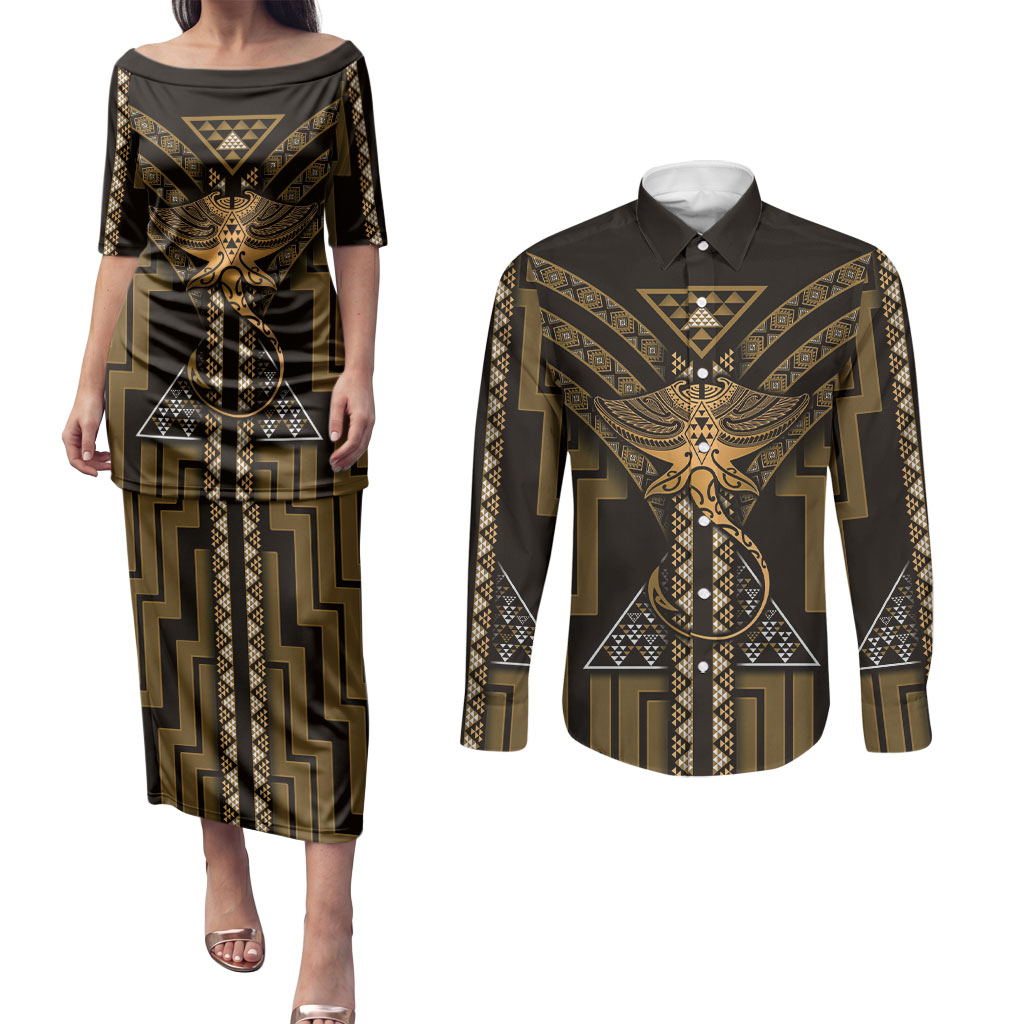 New Zealand Manta Ray Couples Matching Puletasi and Long Sleeve Button Shirt Maori Tukutuku Taniko Motifs Gold