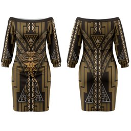 New Zealand Manta Ray Couples Matching Off The Shoulder Long Sleeve Dress and Long Sleeve Button Shirt Maori Tukutuku Taniko Motifs Gold