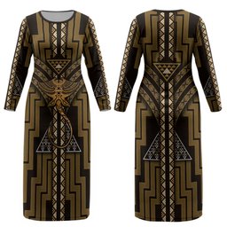 New Zealand Manta Ray Couples Matching Long Sleeve Bodycon Dress and Long Sleeve Button Shirt Maori Tukutuku Taniko Motifs Gold